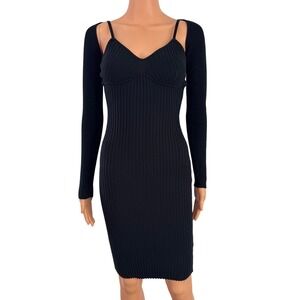 Say What Womens Black Ribbed Knit Bodycon Dress and Bolero Shrug Set Small